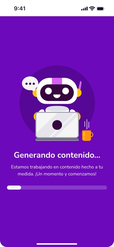 Pantalla de la app mostrando la ruta de aprendizaje personalizada de marketing